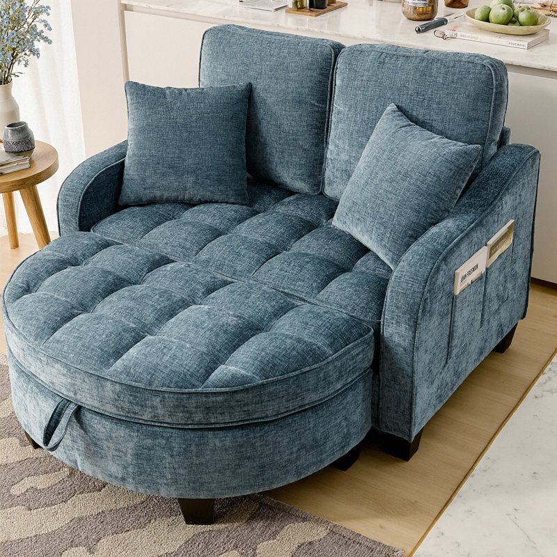 Canapé à deux places en chenille avec accoudoirs irréguliers, repose-pieds assorti avec rangement, comprend 2 coussins décoratifs pour le salon et la chambre à coucher