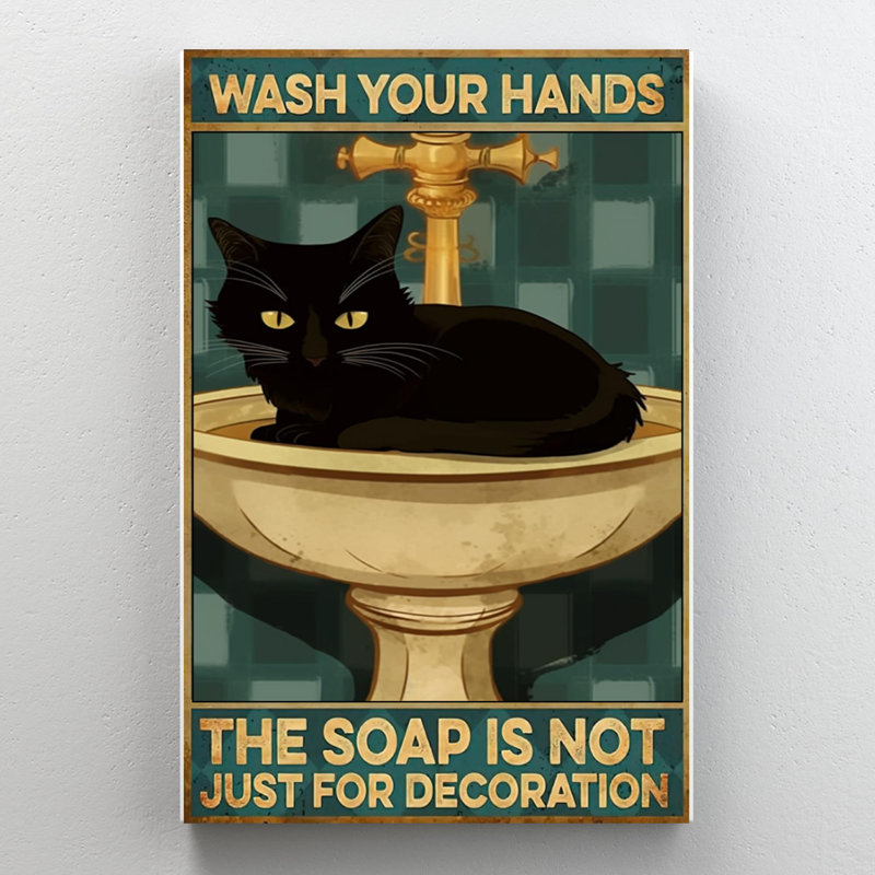 «Black Cat Wash Your Hands», reproduction d'art rectangulaire sur toile tendue 1 pièce, H 36 po x l 24 po x P 1,25 po