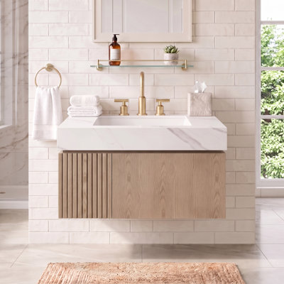 Meuble-lavabo mural 30 po à grain de bois Heidelberg avec plateau en pierre frittée blanc de Carrare et lavabo en céramique, armoire en contreplaqué avec tiroir et porte à fermeture en douceur
