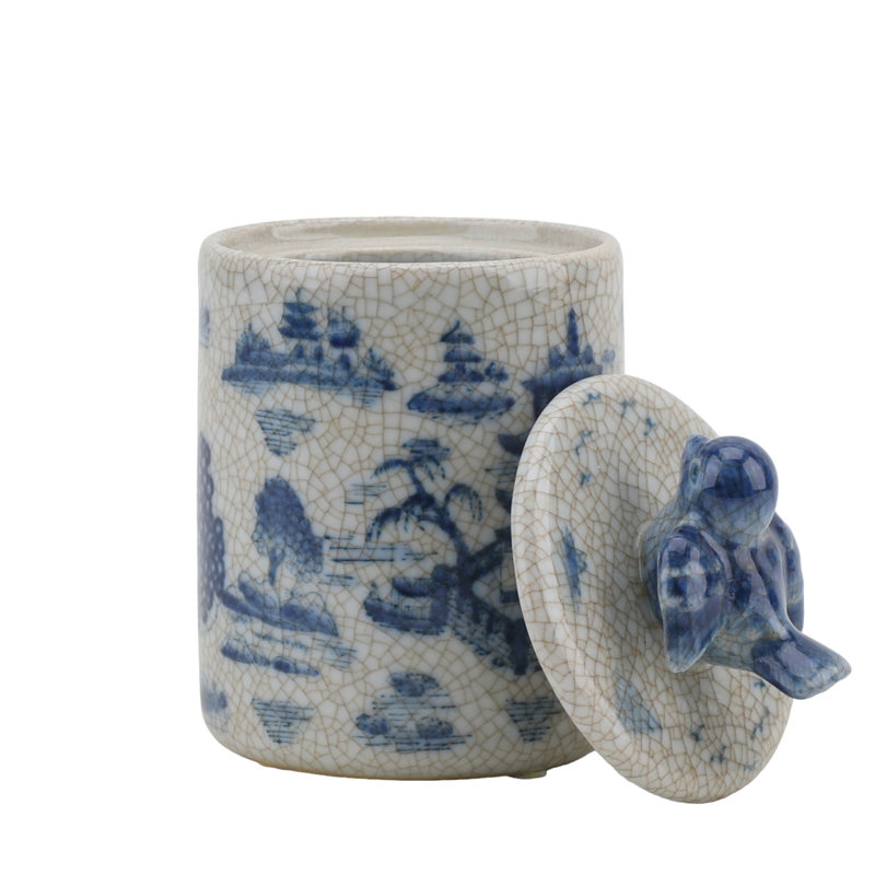 Boîte décorative bleue / beige en porcelaine peinte à la main