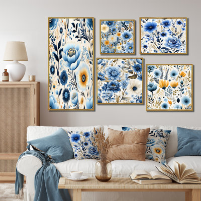 Motif floral chic bleu bohème - ensemble de 5 impressions murales florales
