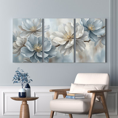 Ensemble de 3 tableaux sur toile tendue à motif floral de magnolia bleu et blanc, pour la décoration du salon et de la chambre.