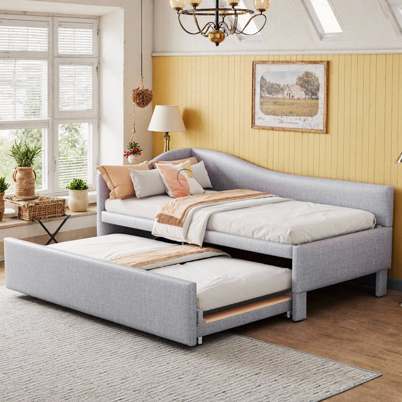 UnaFlora Convertible Twin L-Shaped Upholstered Daybed with Pop-Up Trundle, Twin-to-King Design, Gray