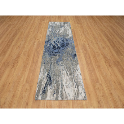 2'7"x10'2" Yale Blue Abstract Design Wool & Silk Hand Knotted Runner Rug 342F53B9005B4DE6866F20D8138C8911