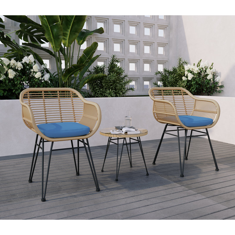 Buschi Round Wicker Rattan Patio Waterproof Seating Set with Cushions and Table, Yellow, Blue