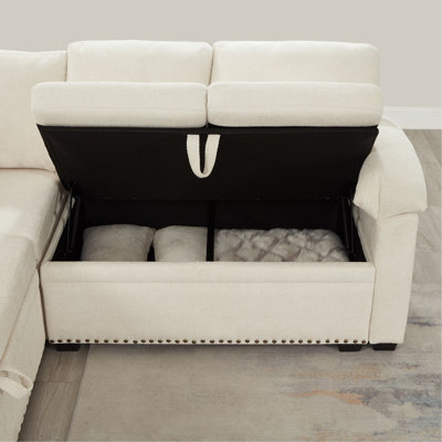 97 Inch L-Shaped Corner Sectional Sofa Couch With Seat And Storage Ottoman,Chenille Fabric Corner Couch With 7 Seats & 2 Pillows For Living Room, Beige