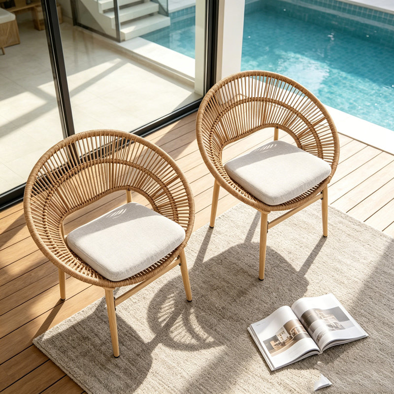 Chaise d'extérieur en osier, Teak