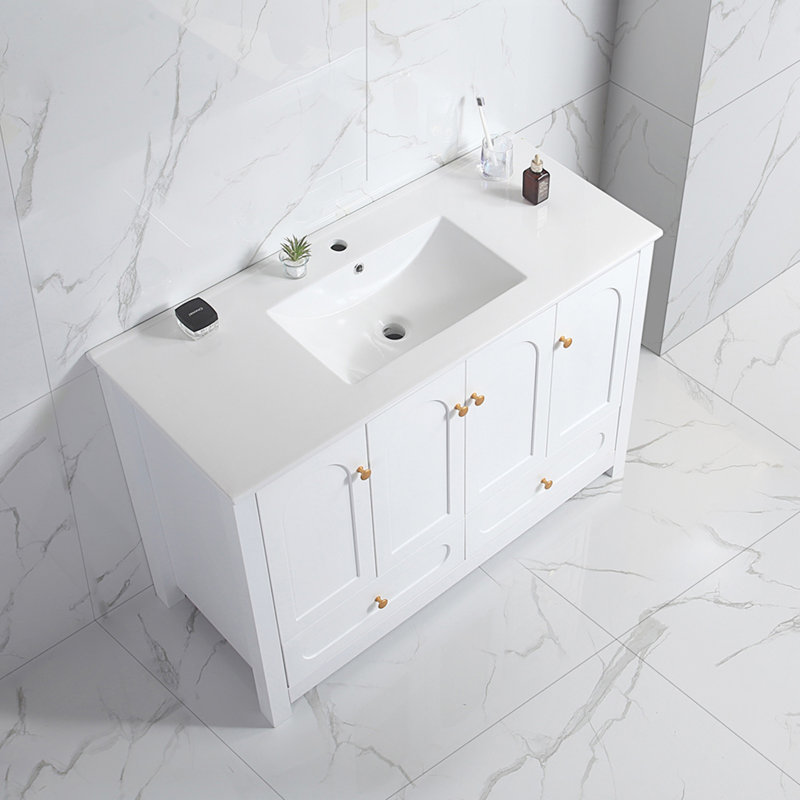Ensemble de meuble-lavabo avec lavabo en céramique, armoire de rangement avec 4 portes à fermeture douce et 2 tiroirs, Blanc