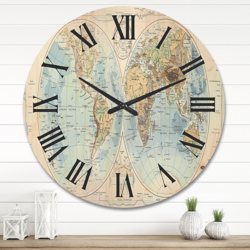 Horloge murale en bois rustique - Carte du monde antique II, Très grand
