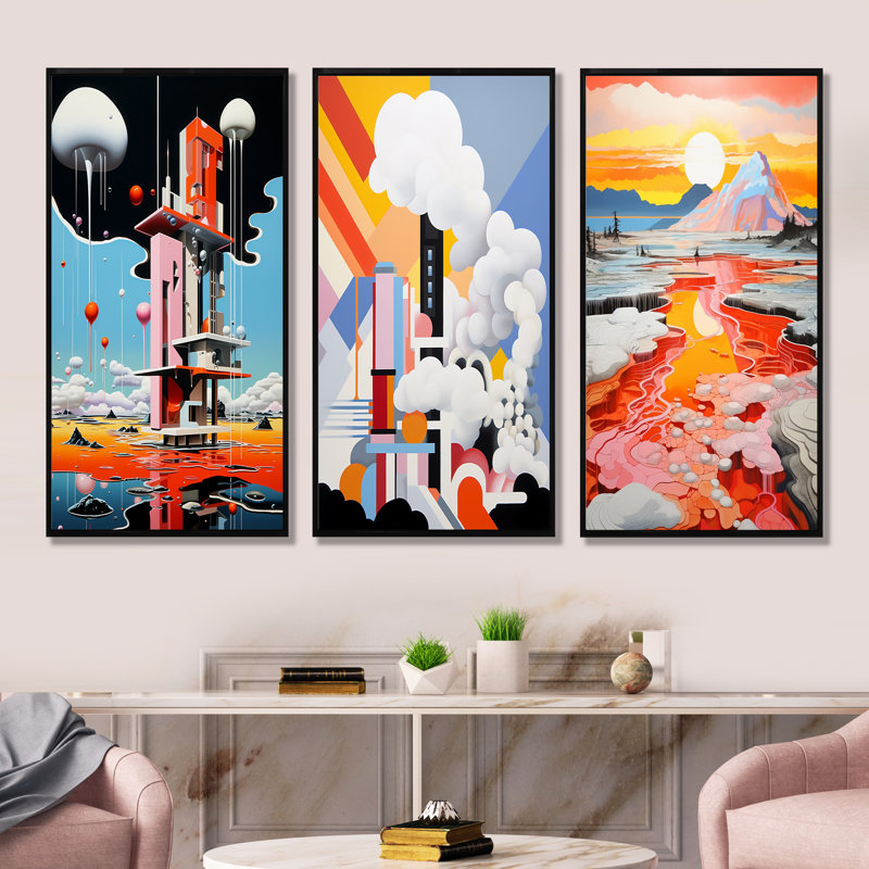 De Stijl Geyser Horizon - ensemble de 4 impressions sur toile de paysages abstraits, Cadre flottant noir, H 28 po x l 36 po