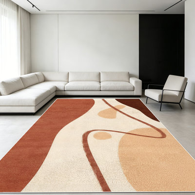 Tapis en terre cuite et crème abstraits ondulés neutres de 1 pièce pour le salon, doux et confortable, convient à toutes les saisons, facile à entretenir, tapis de sol intérieur lavable à la machine, sous la table ferme convenant au salon, à la chambre à coucher, à la salle à manger, ...