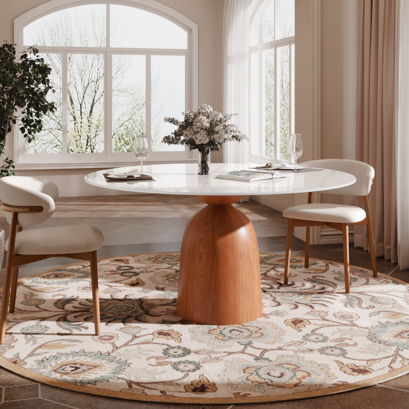 Danner Sintered Stone Top Round Pedestal Farmhouse Kitchen Dining Table, 29.52"H x 59.05"L x 59.05"W, White