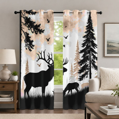 2Pcs Forest Deer Silhouette Curtains, Nature Themed Window Treatment, Artistic Woodland Animal Printed Grommet Drapes, Rustic Style Decor for Bedroom Living Room