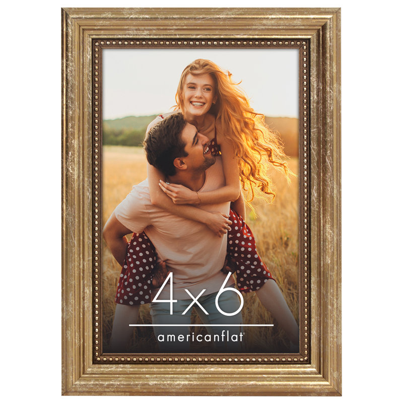 Vintage Picture Frame with Beaded Accents with Shatter Resistant Glass and Easel Stand, 4" W x 6" H, Gold