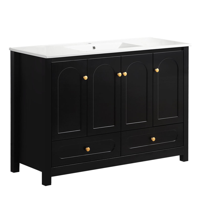Meuble-lavabo noir 48 po avec lavabo en céramique, 4 portes à fermeture en douceur et 2 tiroirs, armoire en bois massif, évier fonctionnel intemporel pour lavabo décoratif, lavabo facile d'entretien