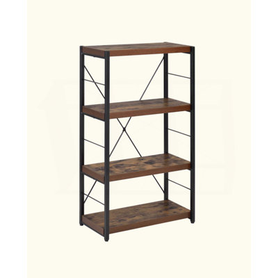 4-Fixed-Shelf Rectangular Bookshelf, 3 Open Compartments, Weathered Oak Wooden Top