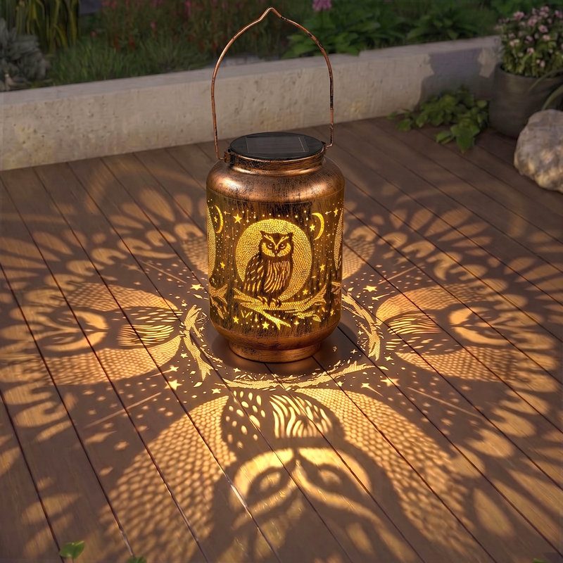 Lanterne solaire d'extérieur rustique hibou et lampe