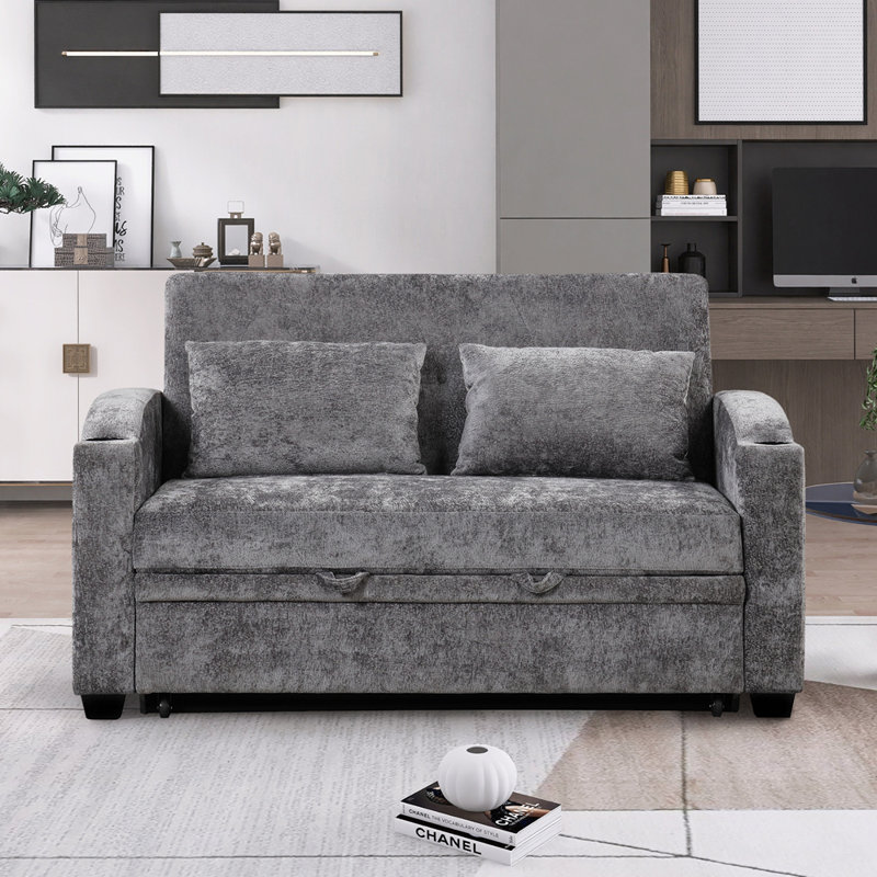 Canapé-lit convertible 61,6 po en chenille moderne avec dossier ajustable, 2 coussins, porte-gobelets, ports USB pour le salon, un appartement