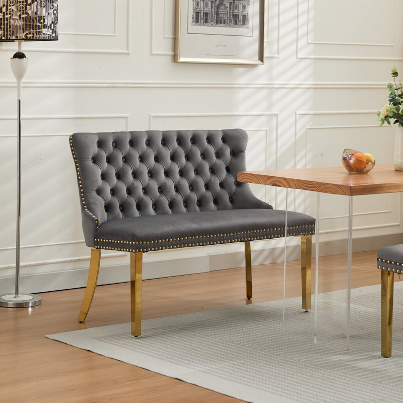 45.6”velvet Upholstered 2-seat Armless Loveseat, Gray, Gold