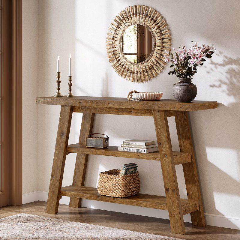 Console en bois massif, table d'entrée de 47 pouces avec tablettes à 3 niveaux