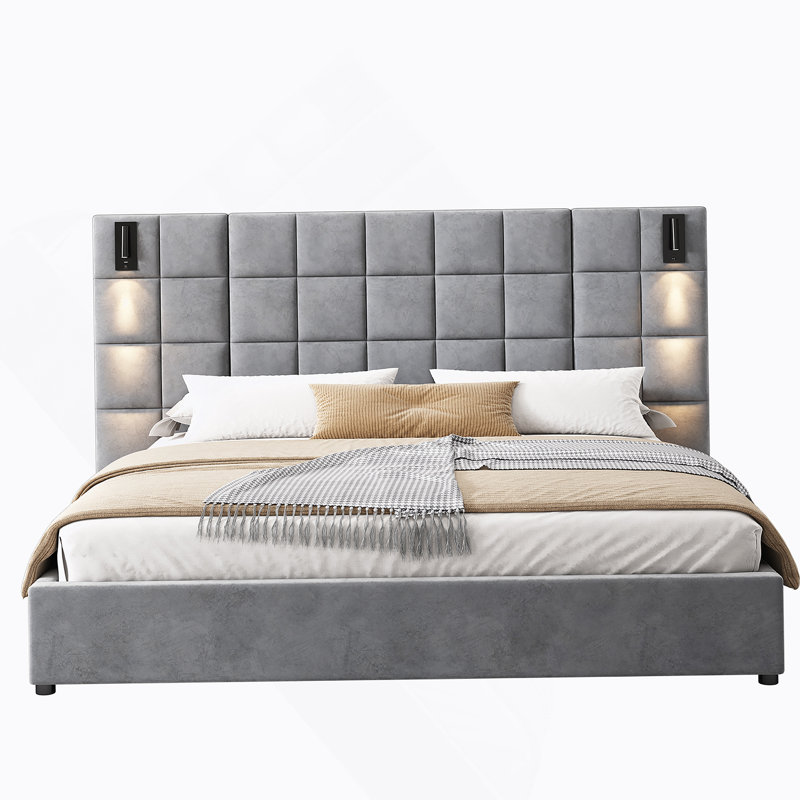 King bed,with reading lamp and USB port, wide headboard,without bedside tables and mattress, King