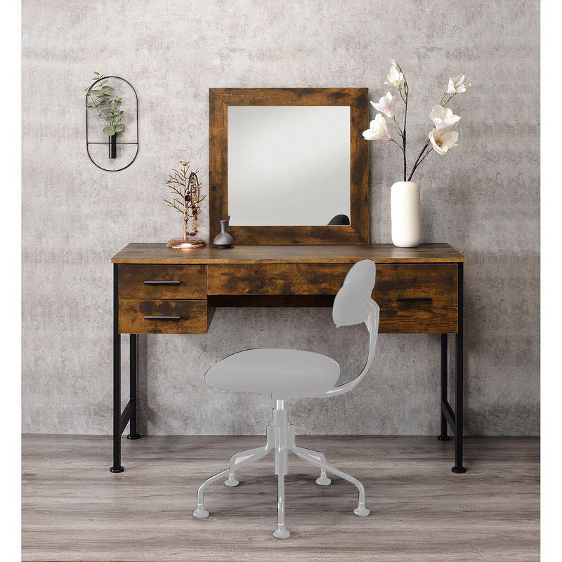 Rustic Oak And Black Metal Vanity With 4 Storage Drawers, 18"L X 18"H Mirror, Cosmetic Space Oak, Metal, Makeup Option