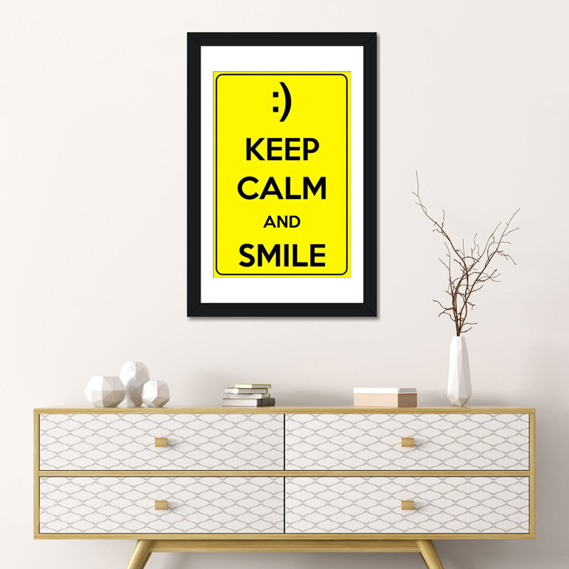 «Keep Calm and Smile», art textuel sur toile, H 24 po x l 16 po x P 1 po, Papier d'art encadré noir, Blanc
