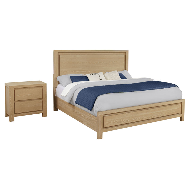 Ensemble de chambre à coucher moderne en chêne clair avec lit à panneaux et table de chevet, 2 Pcs: Bed, Nightstand