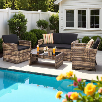 4-Piece All-Weather Wicker Patio Set – Rattan Sectional Sofa with Cushions and Glass Table