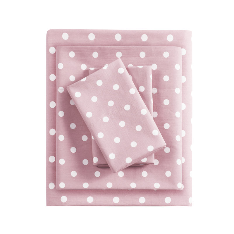 Ensemble de draps 100% coton à pois rose, Taie d'oreiller pour lit simple, Rose