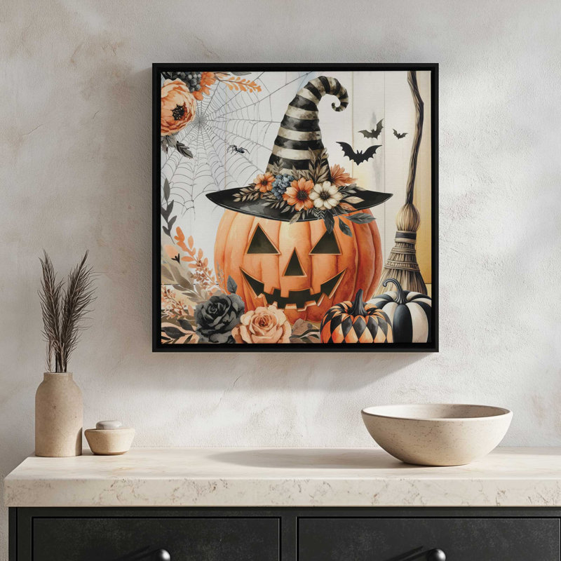Reproduction d'art rétro Jack O'Lantern par Nicole DeCamp, Toile avec cadre, Argent, L 20 po x H 20 po