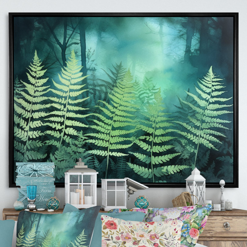 «Green Teal Fern Flowers», impression sur toile, H 24 po x l 32 po x P 1,5 po, Cadre flottant noir