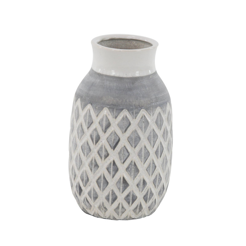 Ceramic Decorative Vase with Diamond Pattern, 13" H x 7" W x 7" D