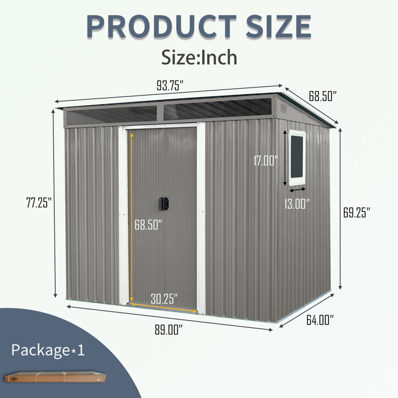 Gray 8'x6' Metal Outdoor Storage Shed with Windows and Sliding Door