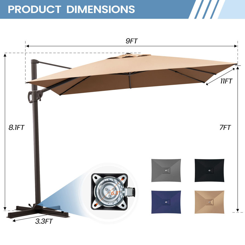 Parasol rectangulaire en porte-à-faux sans base lestée 11 pi x 9 pi Herrell, Tanné