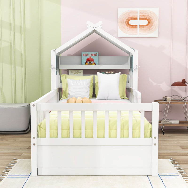 Wooden House Bed with Safety Guardrail, Twin, White