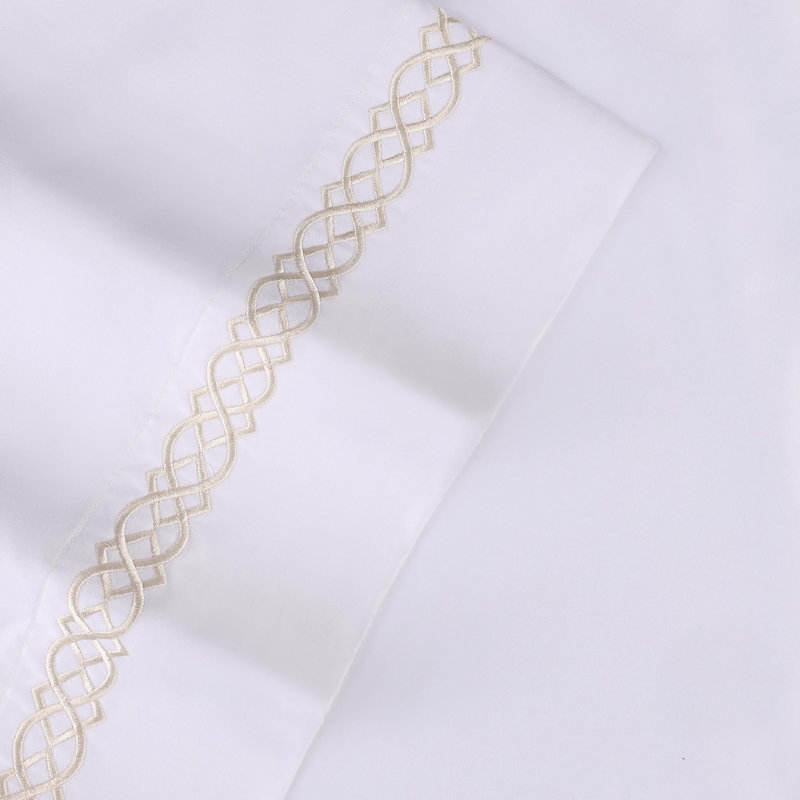 Infinity Scroll Embroidered Certified Egyptian Cotton 1000 Thread Count Bed Sheet Set, White/Ivory