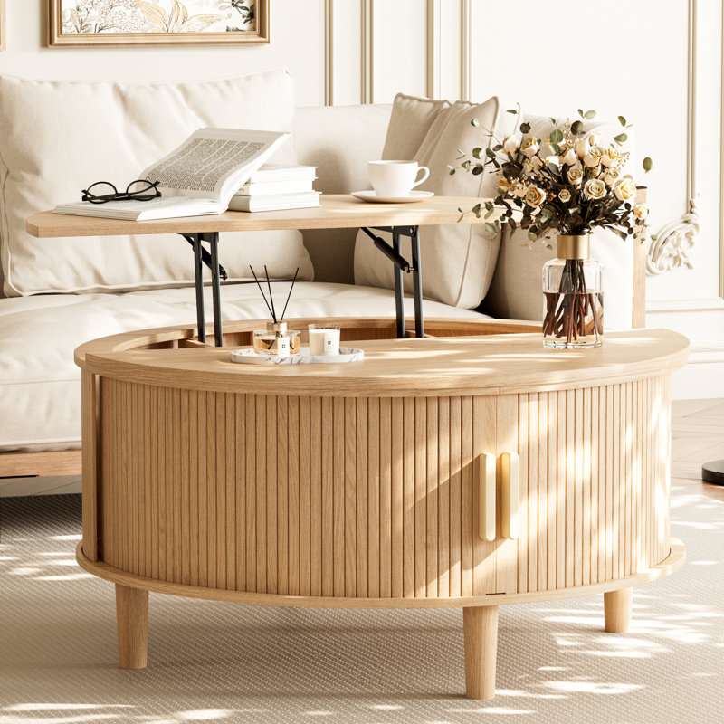 Table basse Mid-Century moderne à plateau relevable avec portes de rangement coulissantes