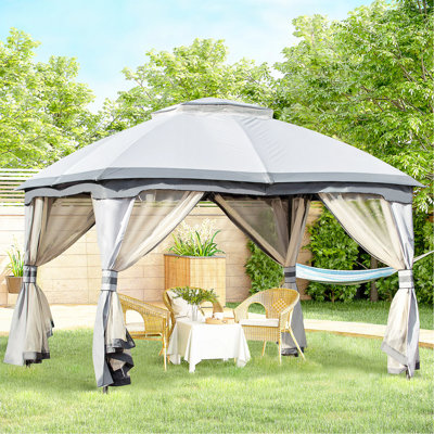 Pavillon de jardin extérieur 10 pi x 12 pi, abri de pavillon pour pavillon avec toit à double aération, parois latérales en filet à fermeture à glissière, structure en acier massif, gris