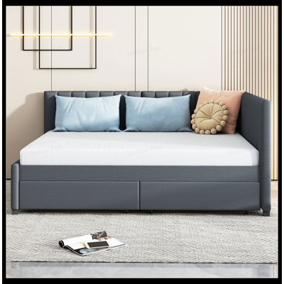 Full Size Upholstered Daybed with 2 Storage Drawers, Linen Fabric, No Box Spring Needed, Classic Design and Durable Frame