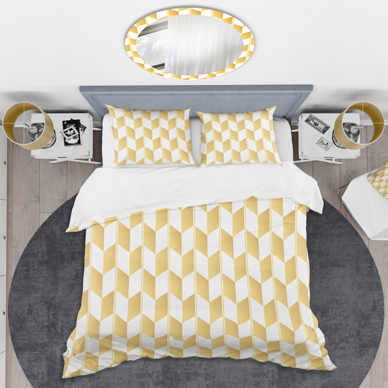 King Gold and White Geometric Microfiber Duvet Cover Set