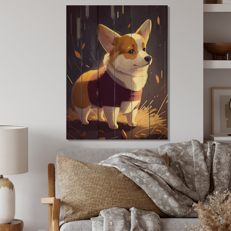 Mignon petit chien Corgi - impression sans cadre sur bois, H 20 po x l 12 po x P 1 po