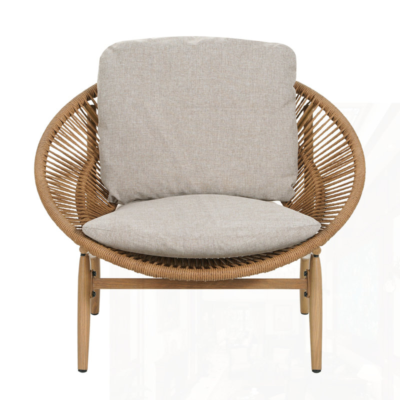 Chaise longue d'extérieur en osier, Coussin beige / structure brun clair