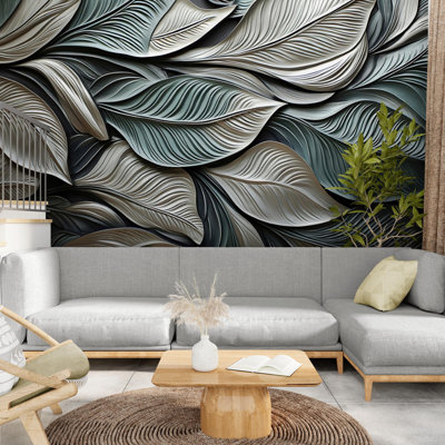 Leaves Floral Wallpaper, Flowers Wall Mural, 3D Embossed Huge Leaves Mural Modern Wall Art Home Decor For Living Room Bedroom Entryway Cafe, Suitable For All Textured Walls