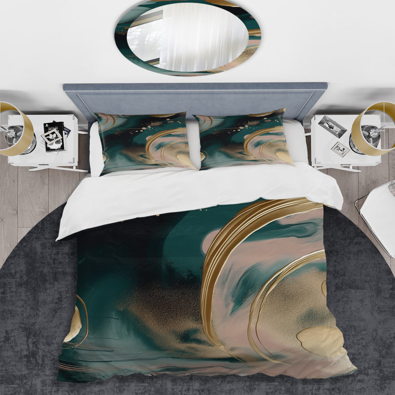 Ensemble de housse de couette en marbre abstrait doré et vert Harmony Swirls II
