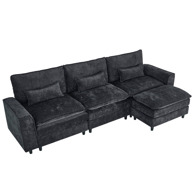 Convertible Sectional Sofa Couch, 4 Seat Sofa Set for Living Room L-Shaped Modular Sofa with Ottoman, Black Chenille