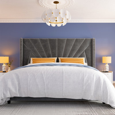 Bed Frame With 51"High Velvet Upholstered  Wingback Headboard, Platform Bed With Charging Station And Led Lights