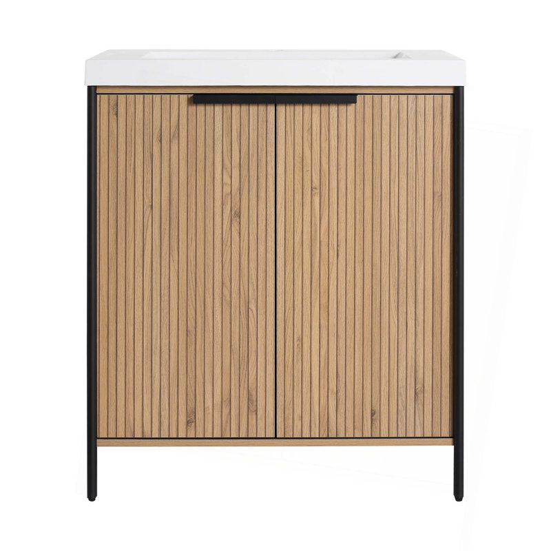 Meuble-lavabo autoportant avec lavabo en résine double et portes d'armoire à fermeture en douceur