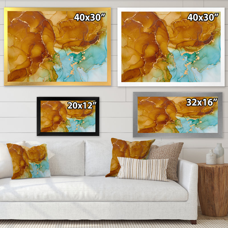 «Brown and Blue Luxury Abstract Fluid V», peinture sur toile, H 12 po x l 20 po x P 1 po, Cadre photo argenté