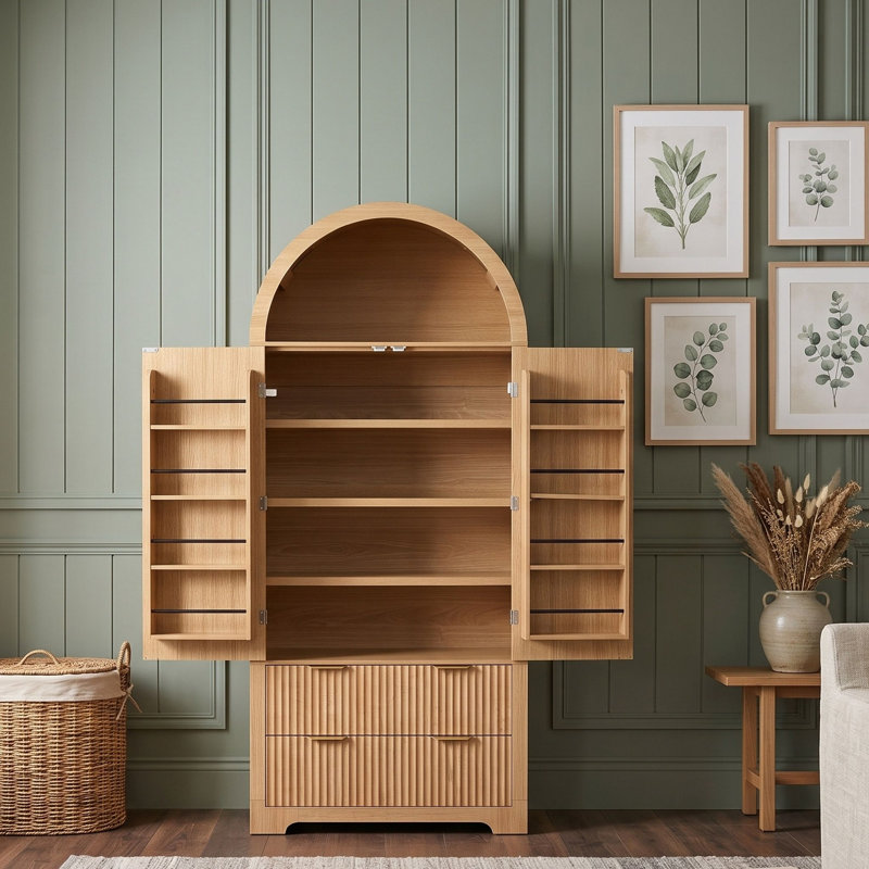 Armoire de cuisine en bois avec 2 tiroirs et 8 tablettes de porte réglables, Naturel